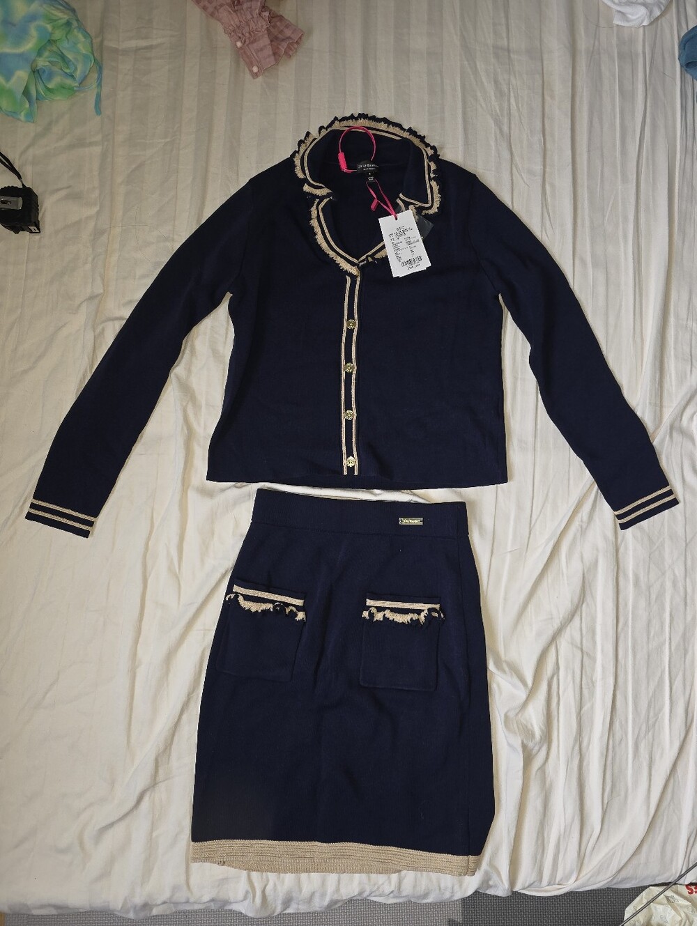 Navy Blue Two-Piece Cardigan Set with Cream Trim